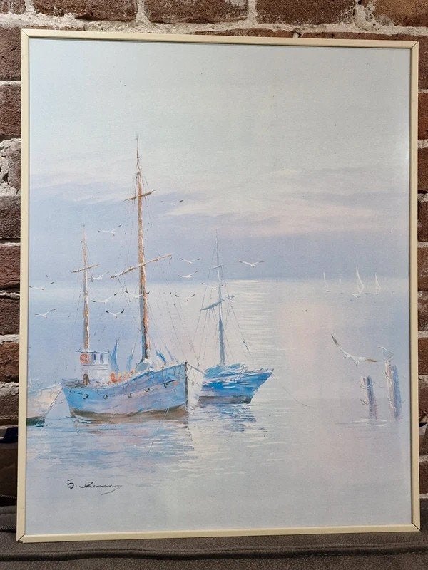 Vintage Schilderij Zeilschepen B. Dressen 50x40 Ingelijst, Ophalen of Verzenden