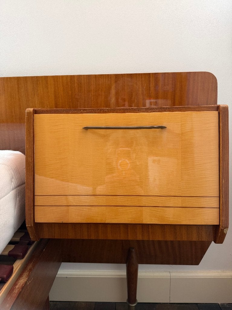 Vintage Retro bed hooglans hout, Ophalen, Gebruikt, Bruin, 140 cm