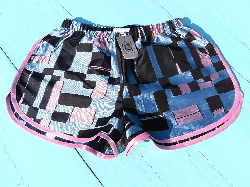 LE VOLIERE Short Vintage Y2K Grafische Print Blauw Roze S, Kort, Blauw, Ophalen of Verzenden, Zo goed als nieuw