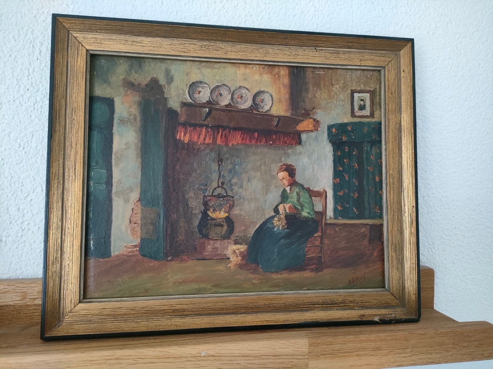 Olieverfschilderij E. Jansen - Vrouw bij open haard, Doek, Portret of Personen, Realistisch, Ophalen of Verzenden