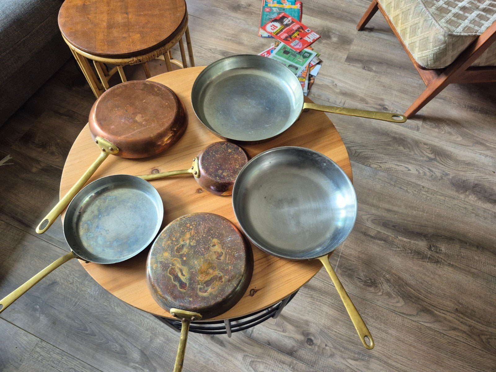 6-delige Koperen Pannenset met Messing Handvatten, Ophalen of Verzenden, Gebruikt, Overige materialen, Pannenset