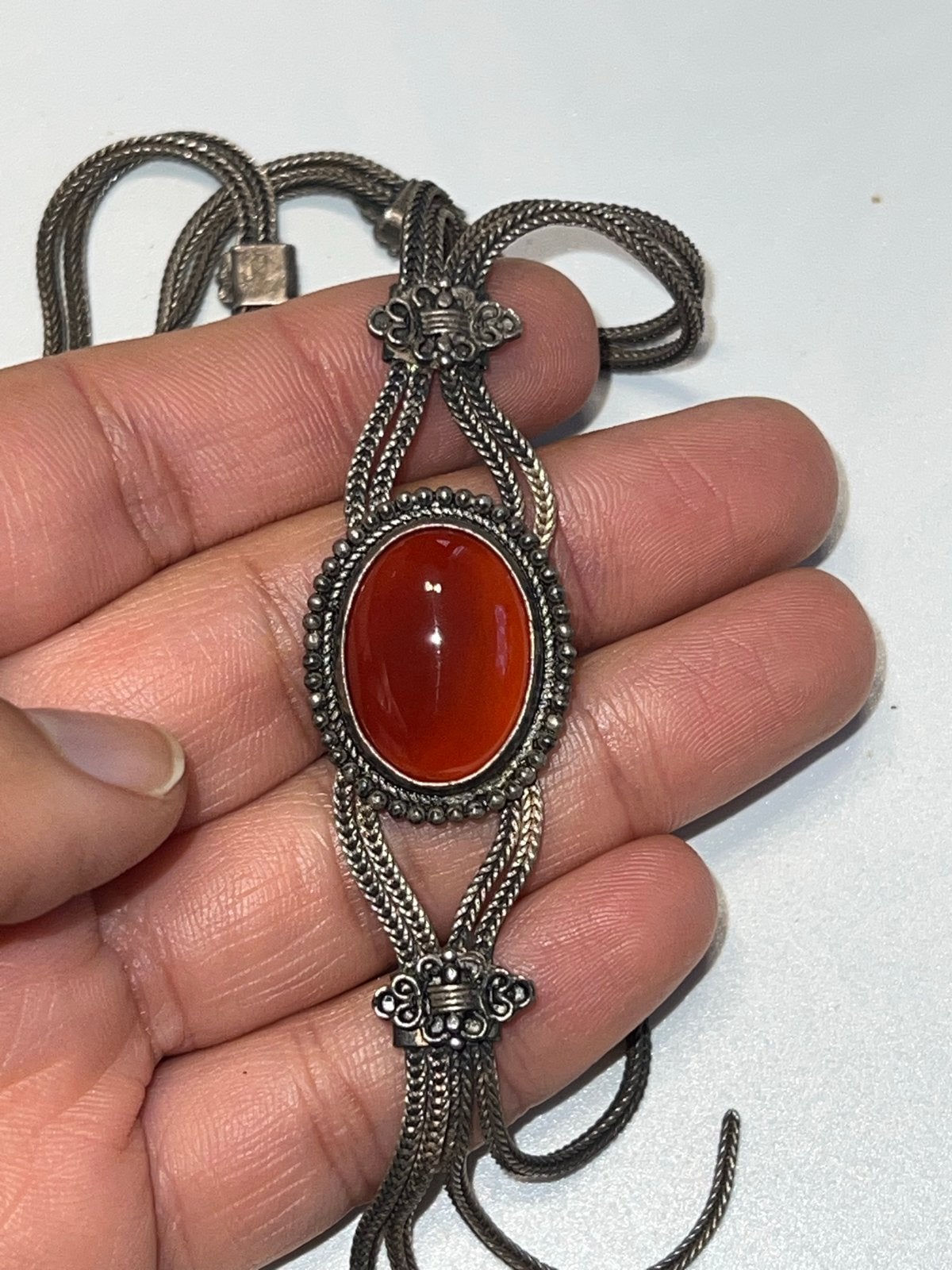 Antieke Zilveren Carneool Ketting, Sieraden, Tassen en Uiterlijk, Ophalen, Zilver, Ketting, Met edelsteen