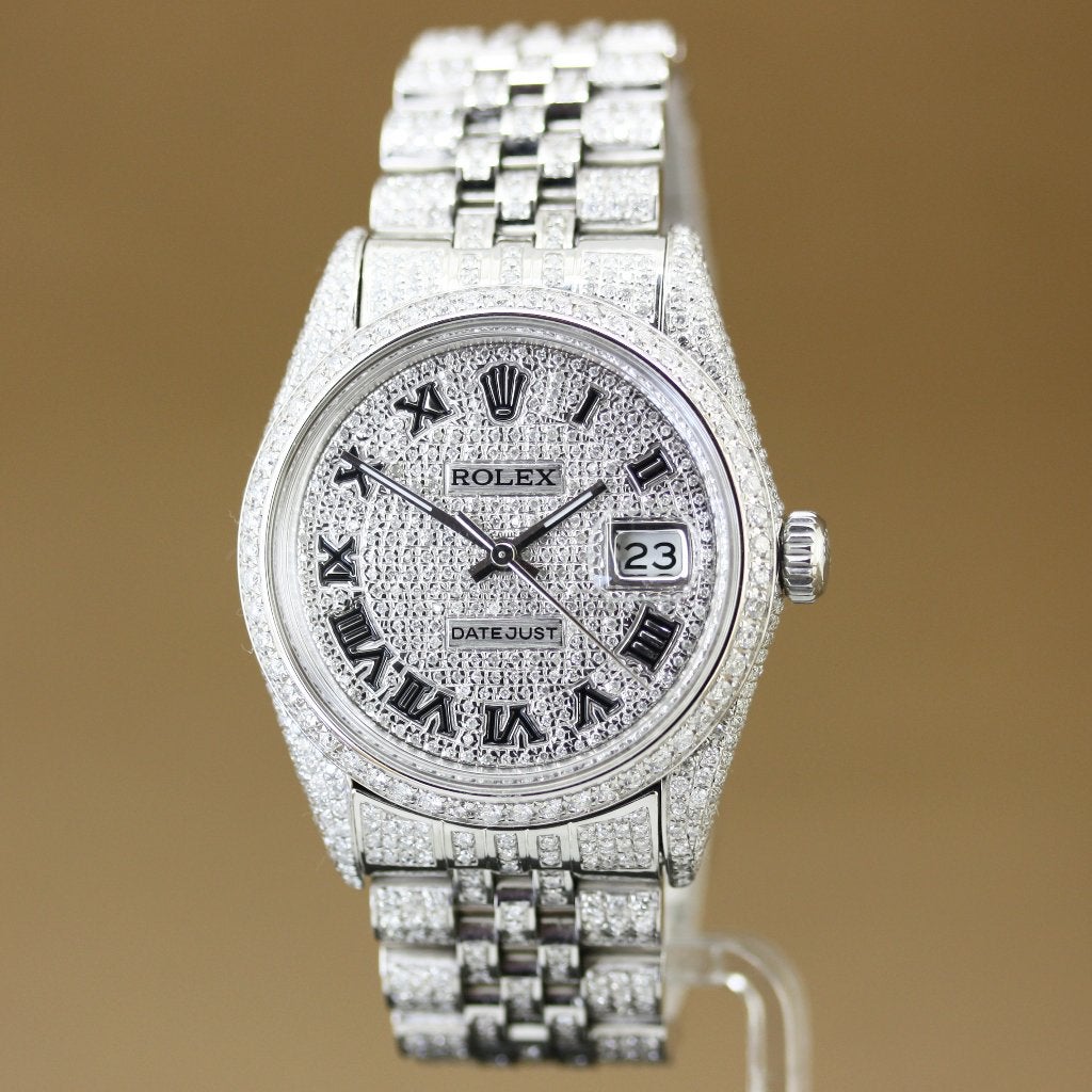 Rolex Datejust 36 16014 Steel Full Iced Out, Staal, Gebruikt, Polshorloge, Ophalen of Verzenden