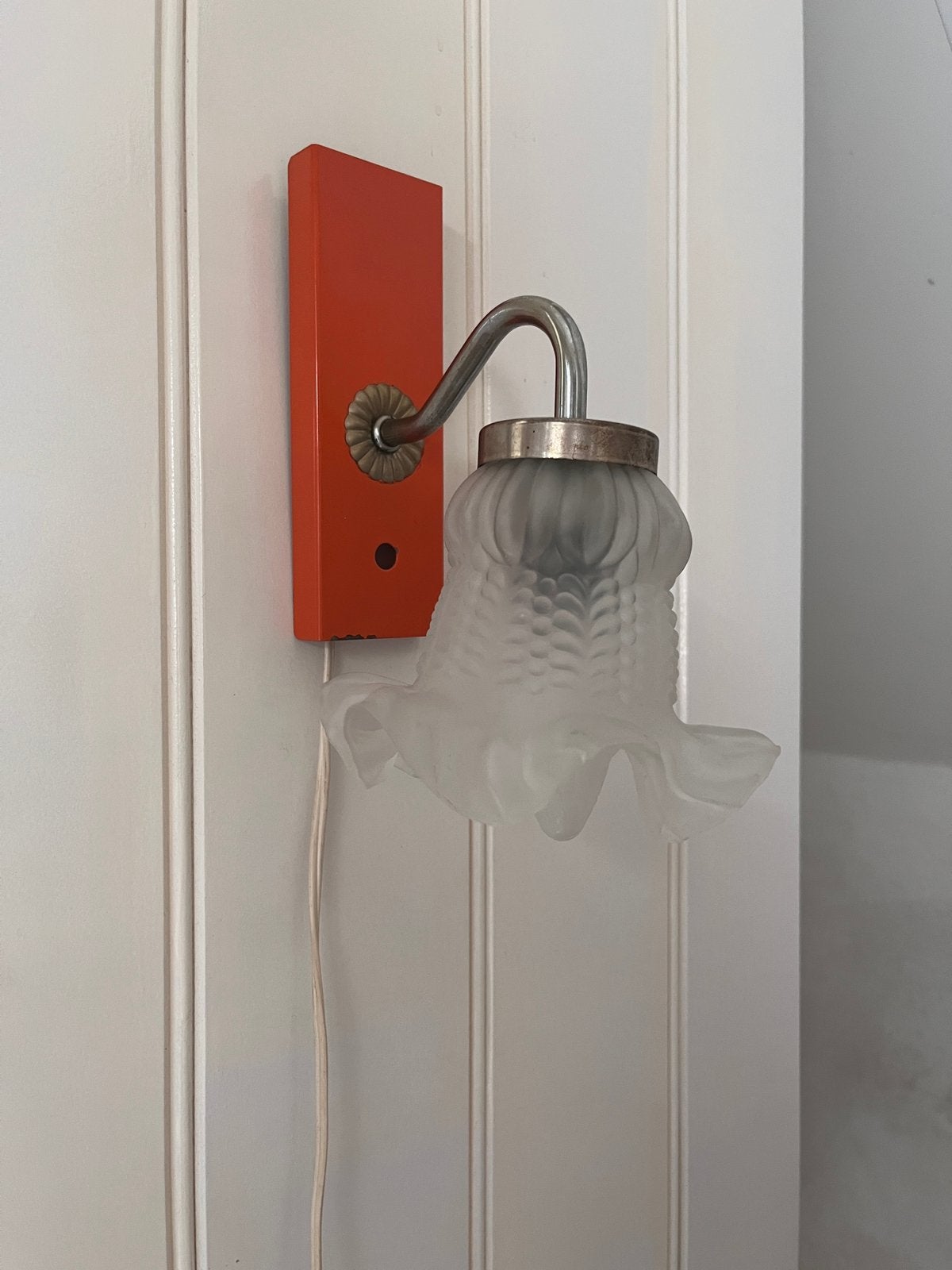 Vintage Retro wandlampje oranje met glazen kapje, Ophalen of Verzenden, Gebruikt, Glas, Vintage Retro