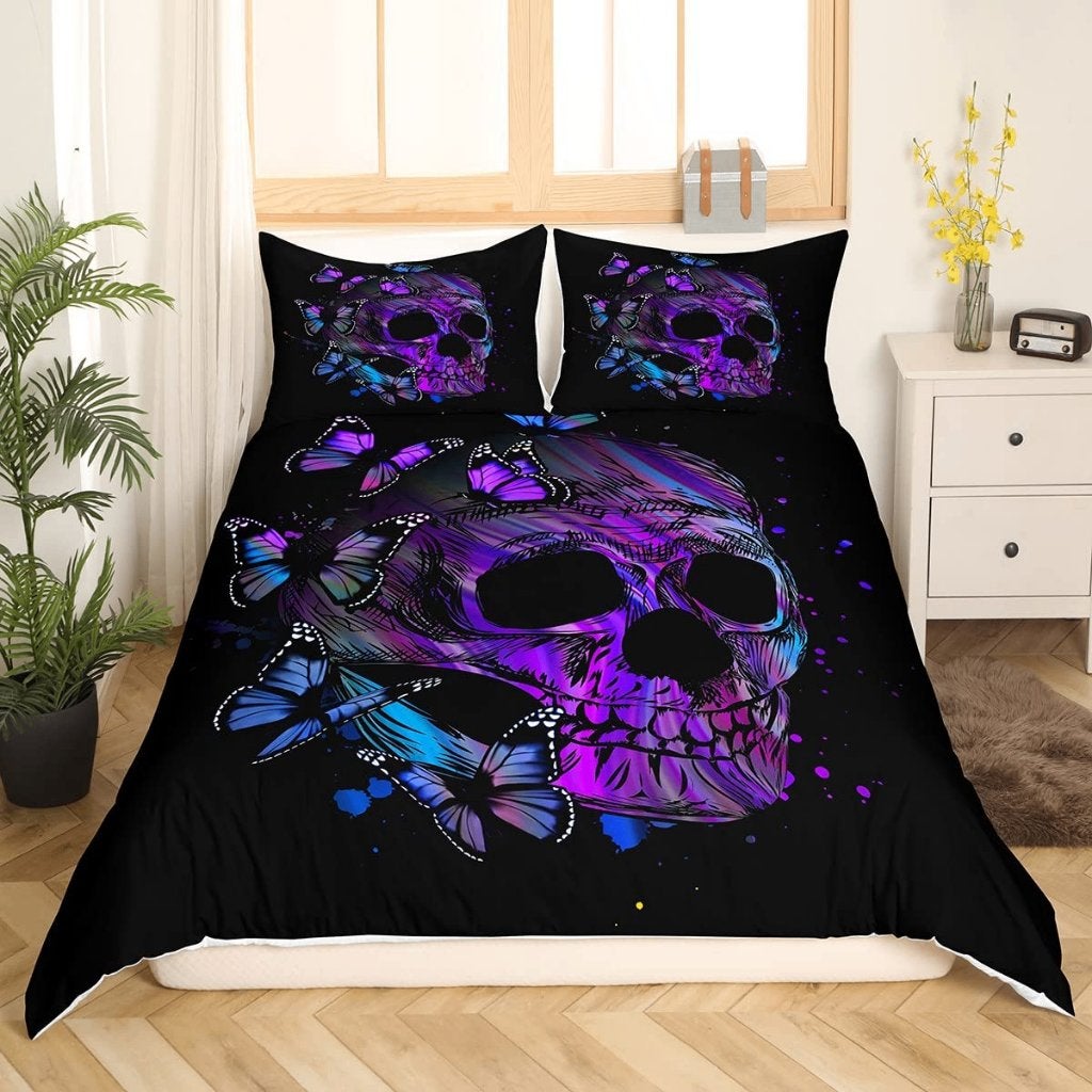 Doodskop Met Vlinders Dekbedovertrek / Skull Zwart Paars, Zwart, Dekbedovertrek, Nieuw, Overige maten