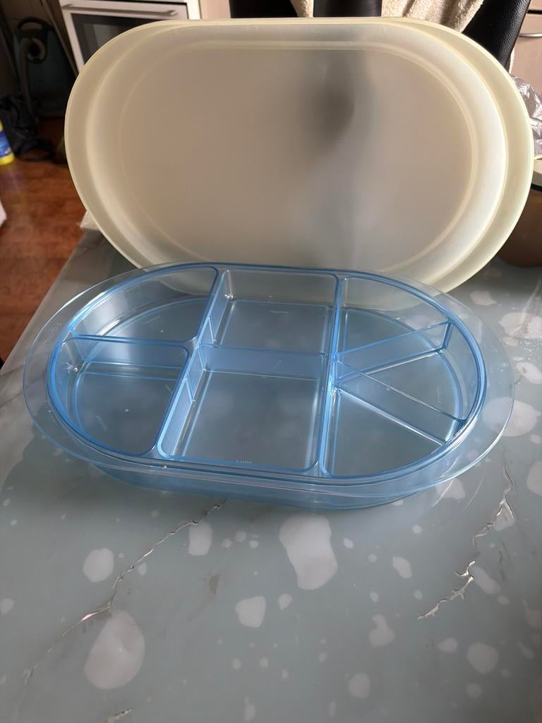 Tupperware hapjesschaal met deksel - Blauw/Crème, Ophalen of Verzenden, Gebruikt, Blauw, Schaal
