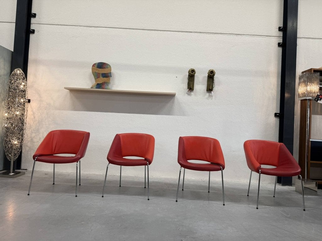 4 Leolux Mobius Eetkamerstoel Rood Senso leer Design stoel, Leolux, Info@leolux.nl, Leer, Ophalen of Verzenden
