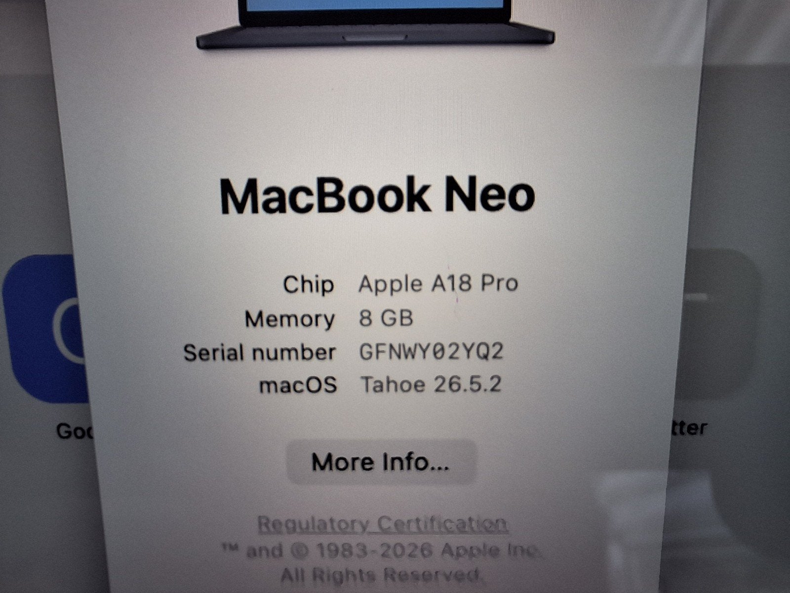 macbook neo grijs 8gb 256ssd bon aankoop mei gar mei 2028, Ophalen, 256 GB, Qwerty, 8 GB