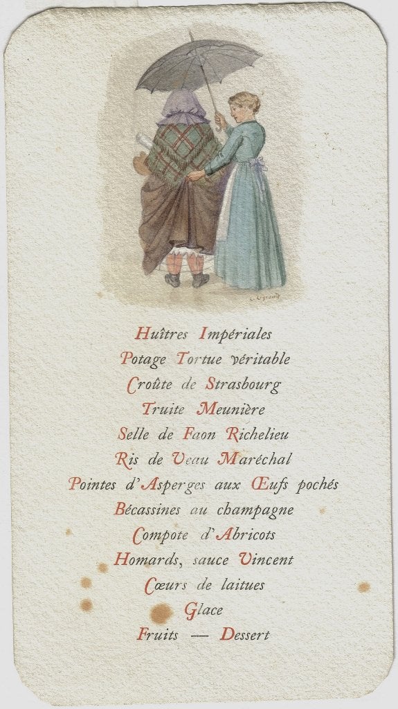 Louis Legrand ets "Menukaart met Oesters en Kreeft", Antiek en Kunst, Ophalen, Dagelijks leven, 1800 - 1899, Ets