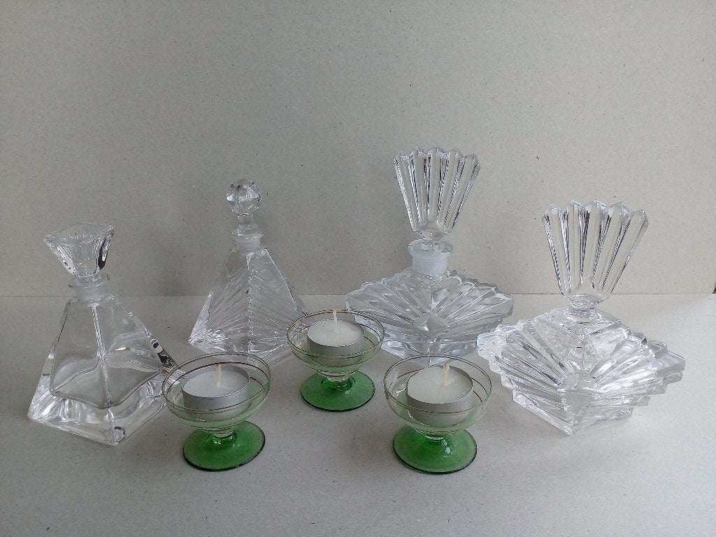 Vintage parfumflessen en 3 oude glaasjes. Pr. per set vanaf., Ophalen of Verzenden