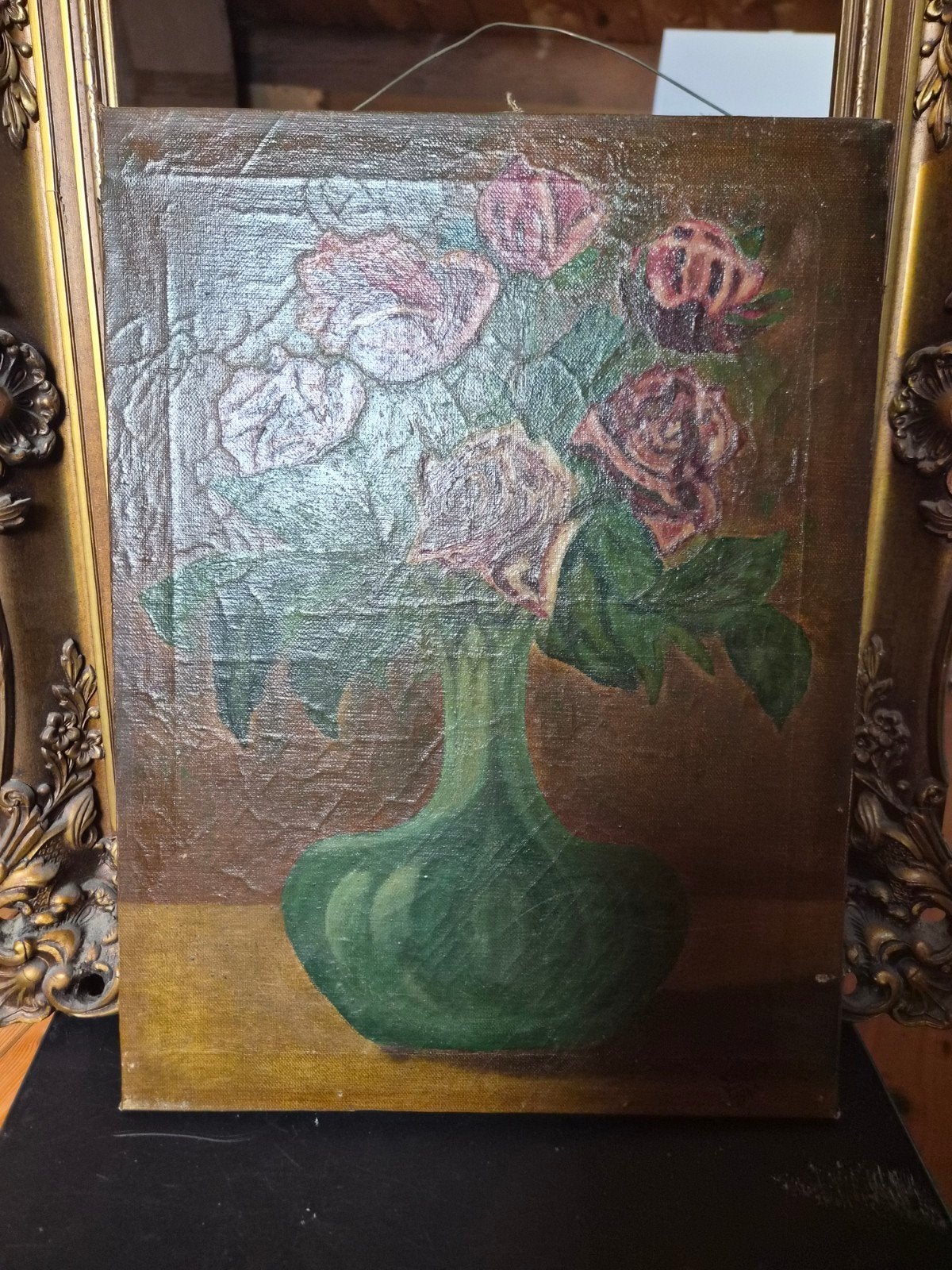 Olieverfschilderij Rozen in Vaas Gesigneerd en Gedateerd 1, Antiek en Kunst, Ophalen of Verzenden