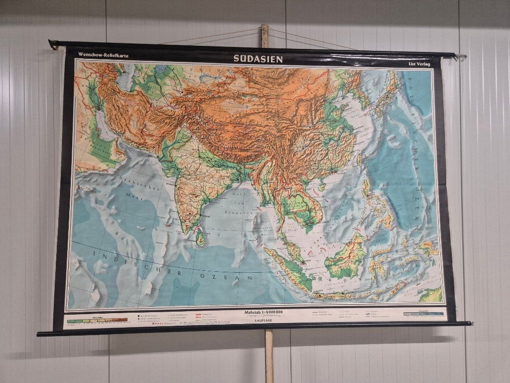 Vintage schoolwandkaart Zuid Azie, Antiek en Kunst, Antiek | Schoolplaten, Ophalen, Aardrijkskunde