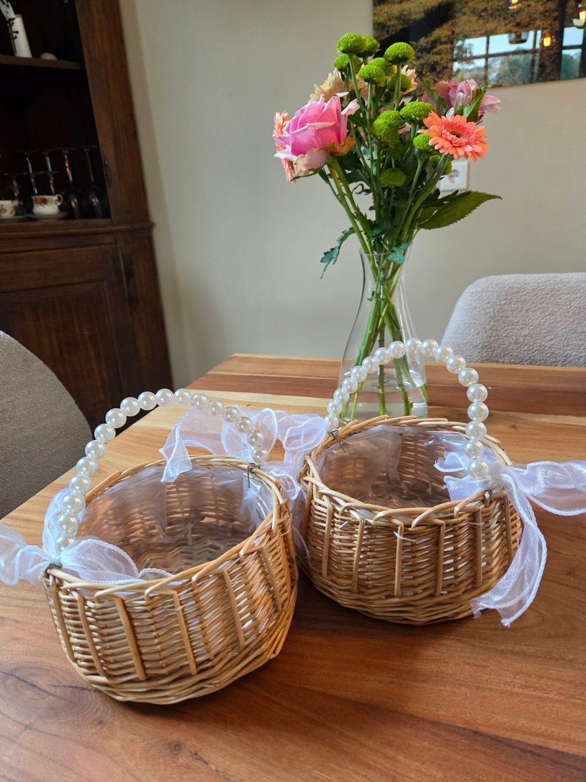 Set van 2 rieten mandjes met parelhandvatten, Ophalen, Met handvatten, Mand, Rond