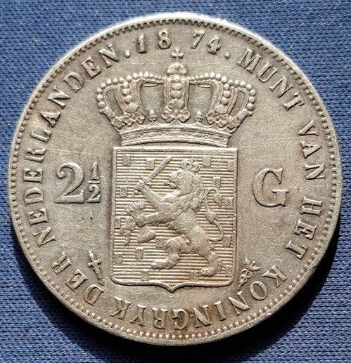 Nederland 2½ gulden 1874 Km 82, Koning Willem III, Zilver, Ophalen of Verzenden, Losse munt