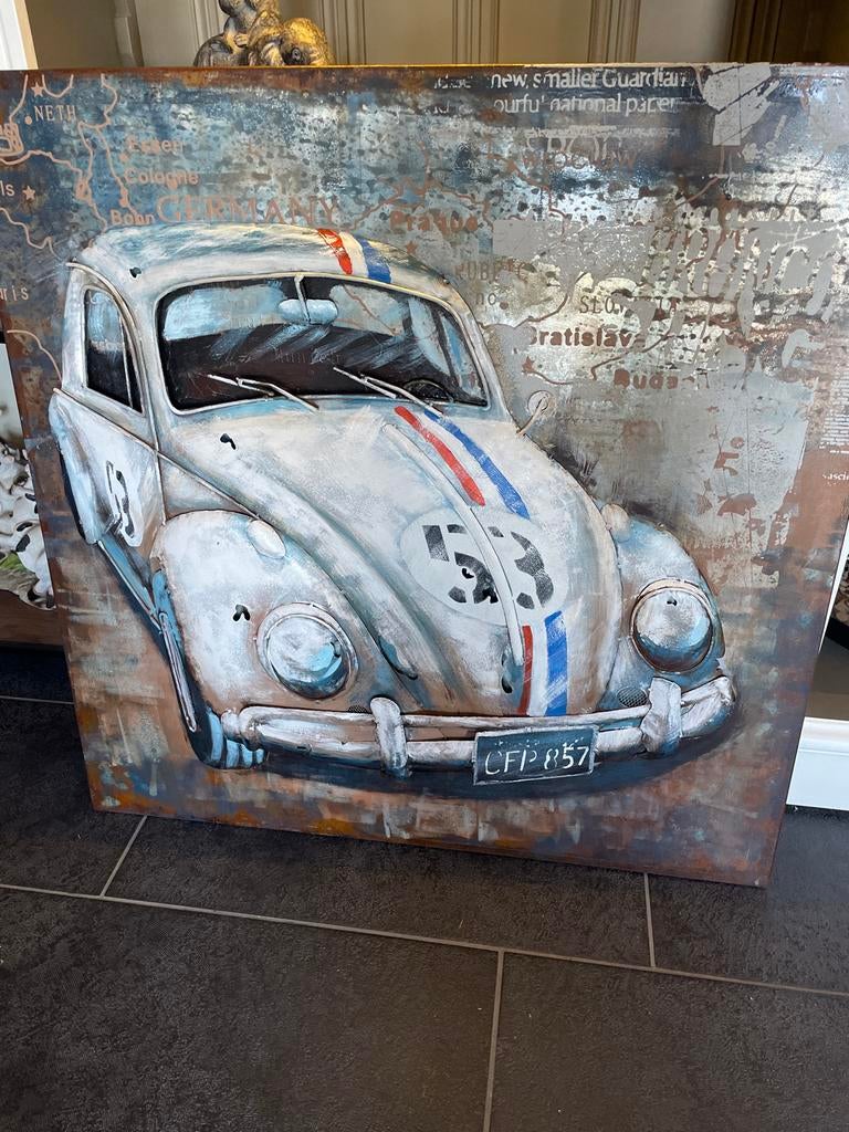 Nieuw 3D Metalen Kunstwerk80x80: Vintage Kever Raceauto, Ophalen