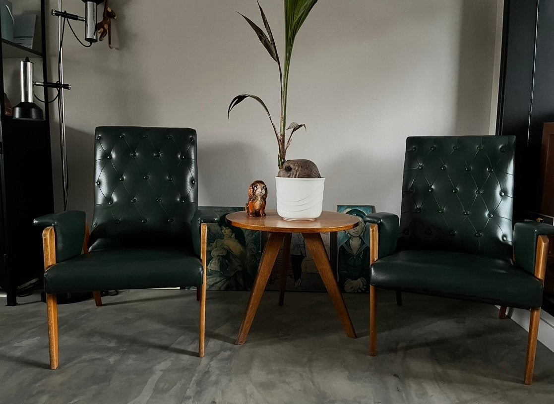 2 Vintage retro groene fateuils, Huis en Inrichting, Ophalen, Gebruikt, Twee, Overige kleuren