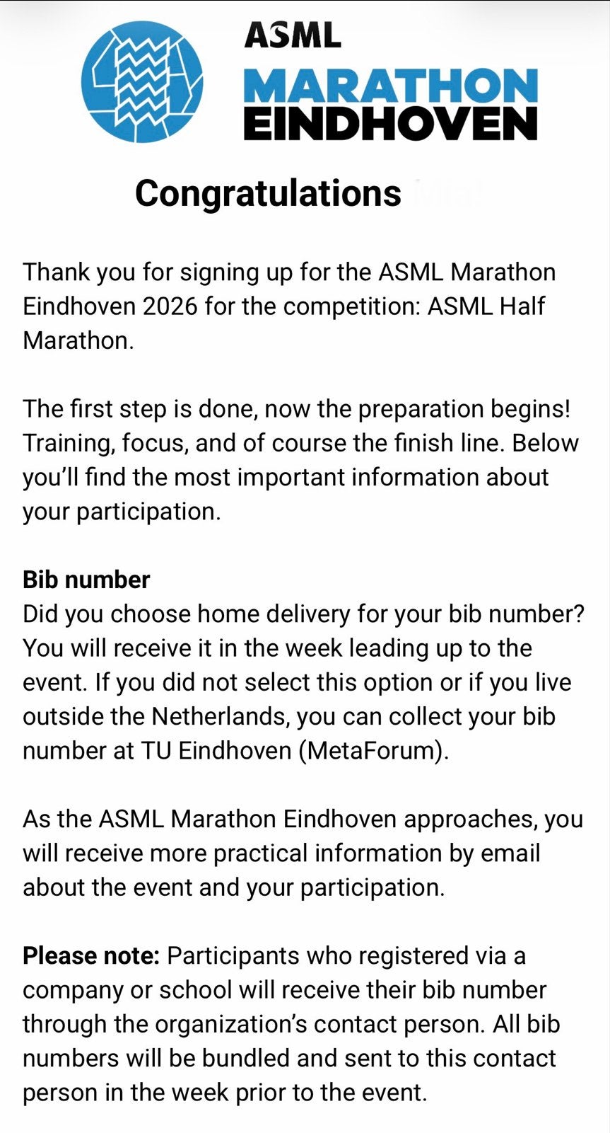 Startbewijs Halve Marathon Eindhoven INCL Locker