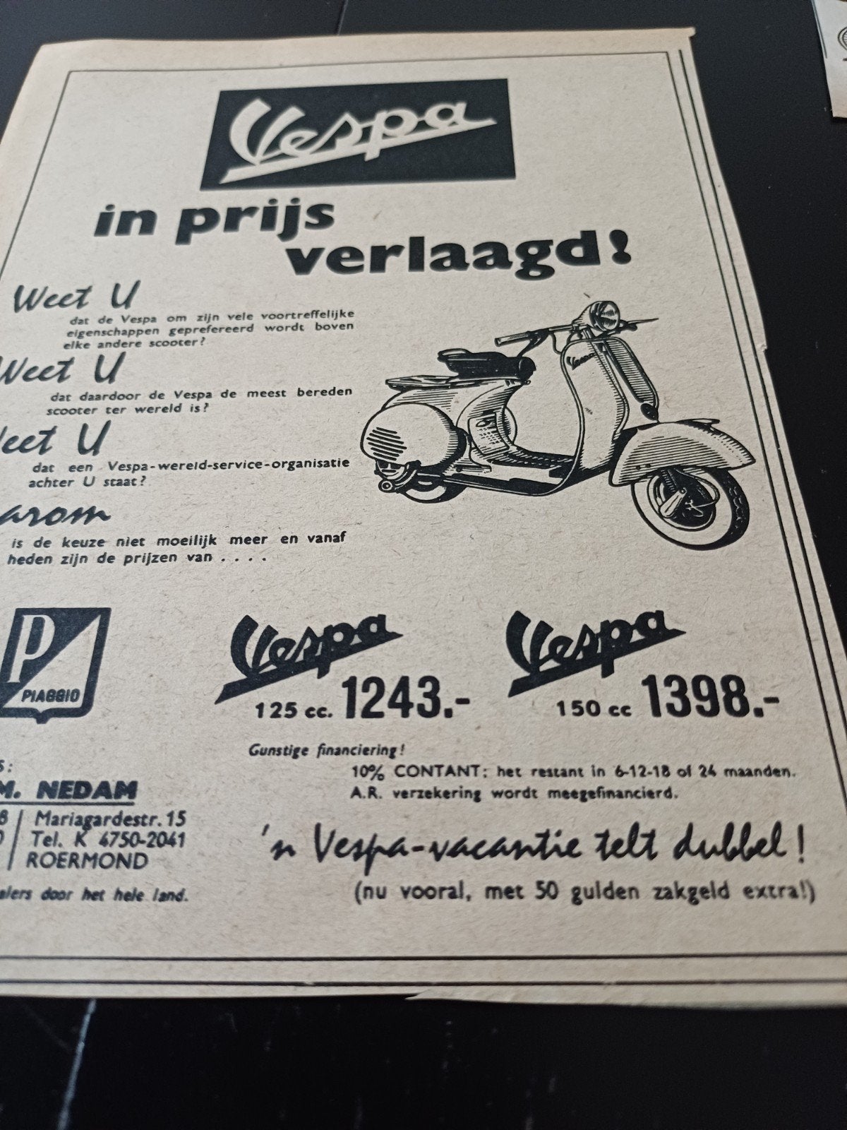 advertentie van Vespa scooter in prijs verlaagd 1956, Verzamelen, Ophalen of Verzenden, Zo goed als nieuw, Overige typen