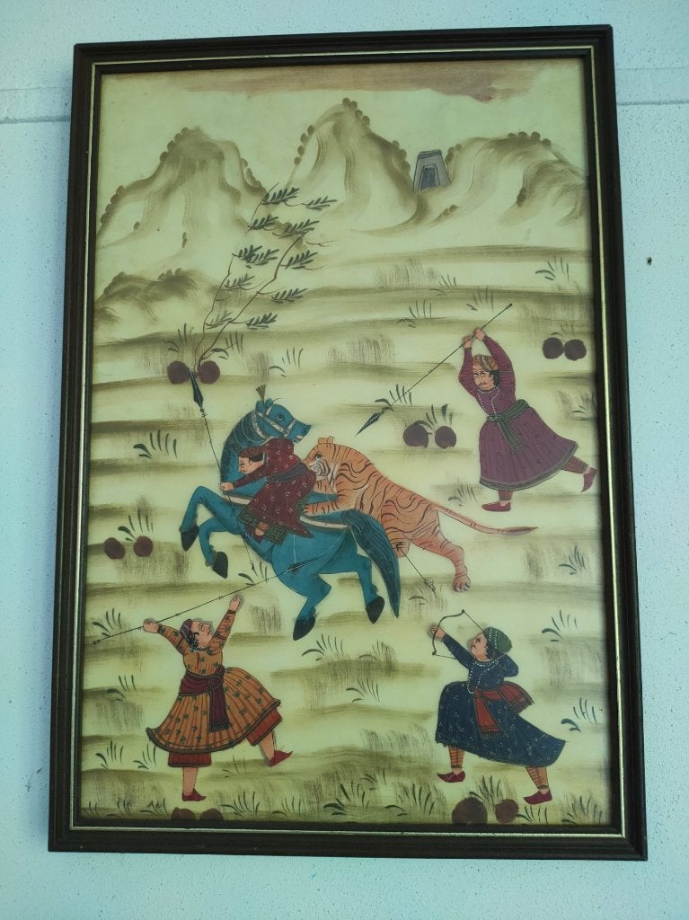 Vintage indiaas schilderij op zijde, Koninklijke Tijgerjacht, Ophalen, Overige stijlen, Overige technieken, Landschap