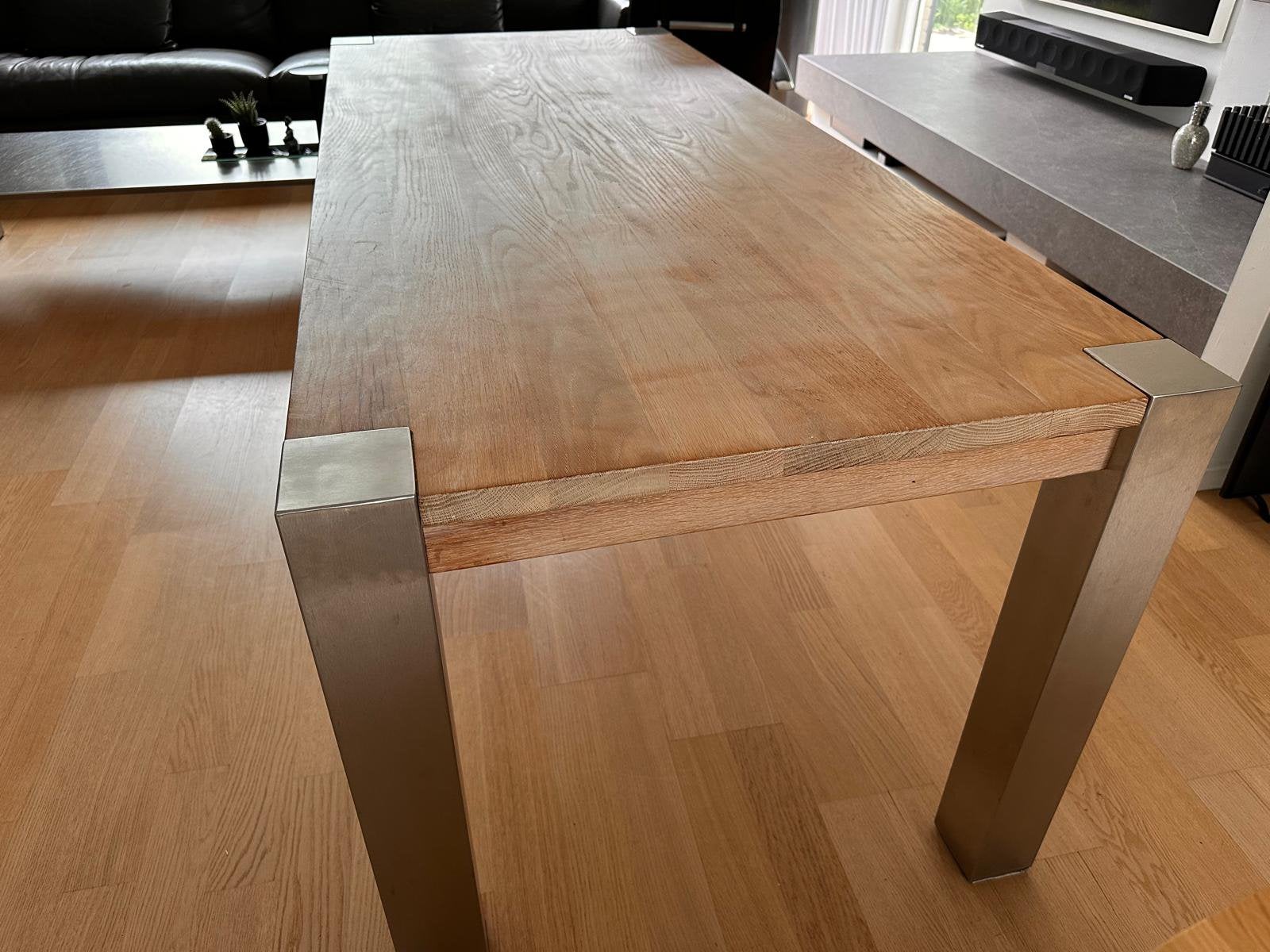 Eetkamertafel Eiken met RVS poten 200x85cm, Ophalen, Gebruikt, Eikenhout, 50 tot 100 cm