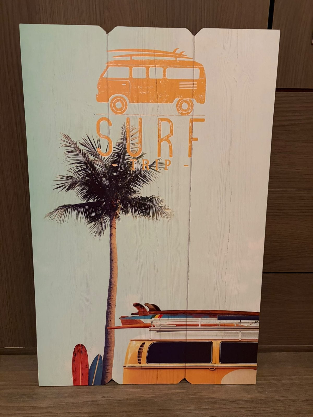 Wanddecoratie Surf Trip busje en palmboom, Gebruikt, Hout, Ophalen of Verzenden, Wandbord of Wandpaneel