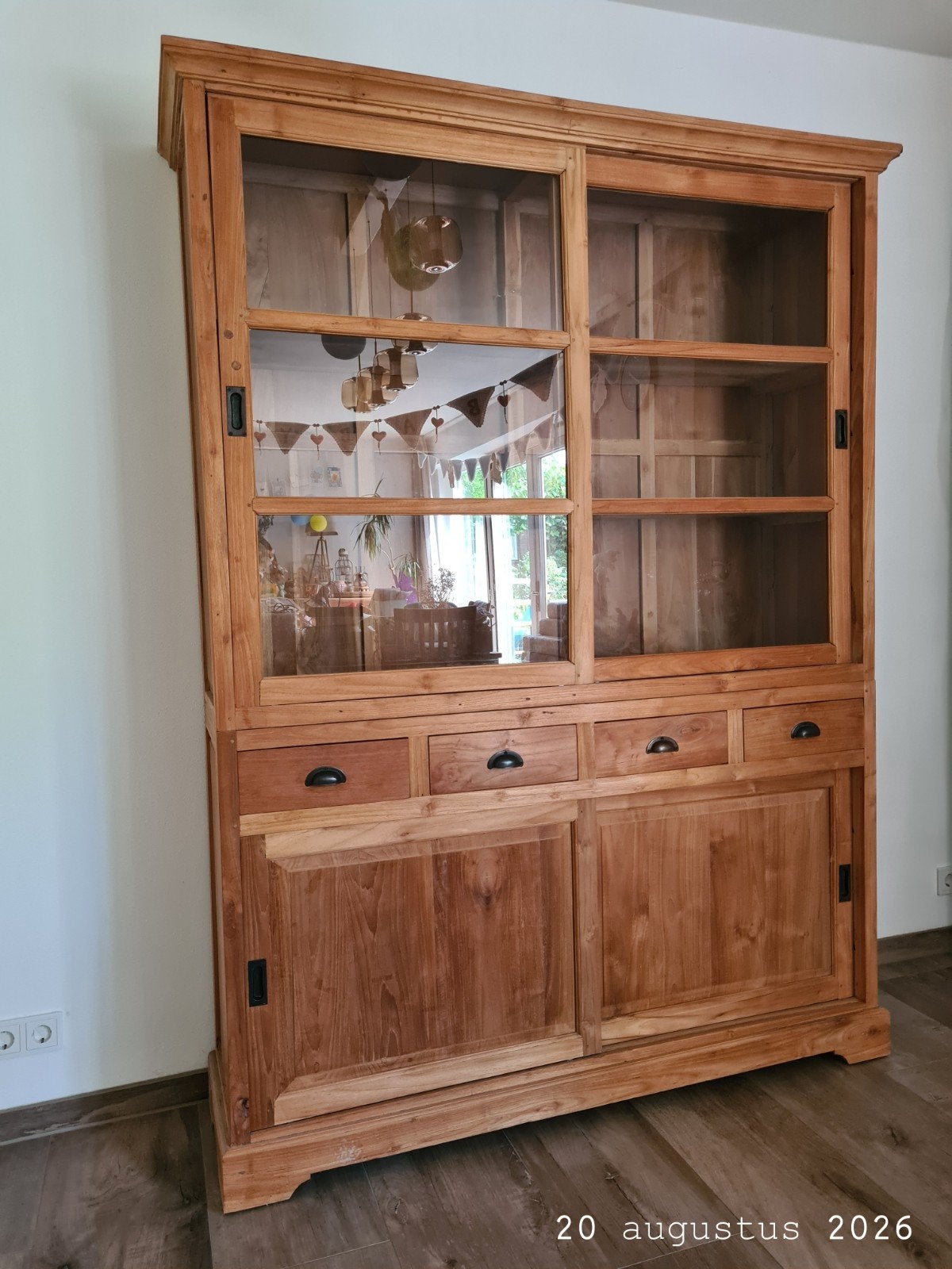 Teak Houten Kast met Glazen Schuifdeuren (buffetkast) en Lad, Ophalen, Gebruikt, Met deur(en), 200 cm of meer