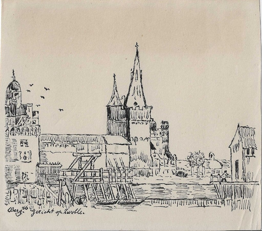 Zwolle Gezicht op Zwolle  door A. Berg tekening 1966, Ophalen of Verzenden, Tekening, Pentekening, Gesigneerd