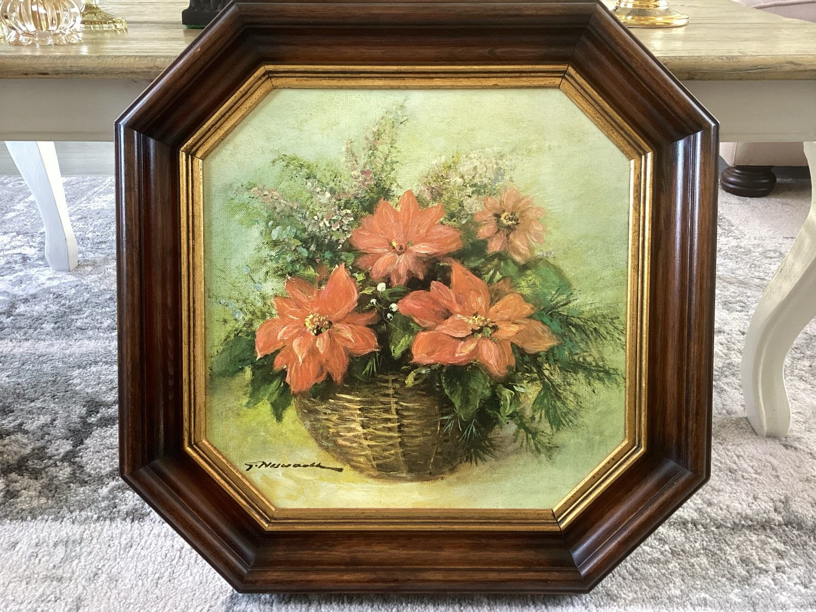 Schilderij G. Neswadba (1941) Winter Bloemen in Mand, Doek, Gesigneerd, Olieverf, Klassiek