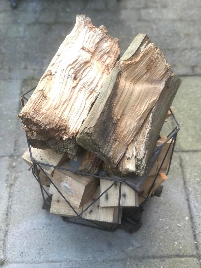 Draadmand met brandhout, Minder dan 3 m³, Ophalen of Verzenden, Overige houtsoorten, Blokken