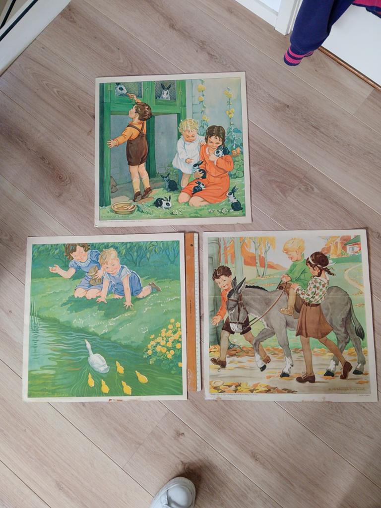 Vintage kinderprenten: Konijntjes, zwanen en ezelrit, Ophalen of Verzenden, Natuur en Biologie