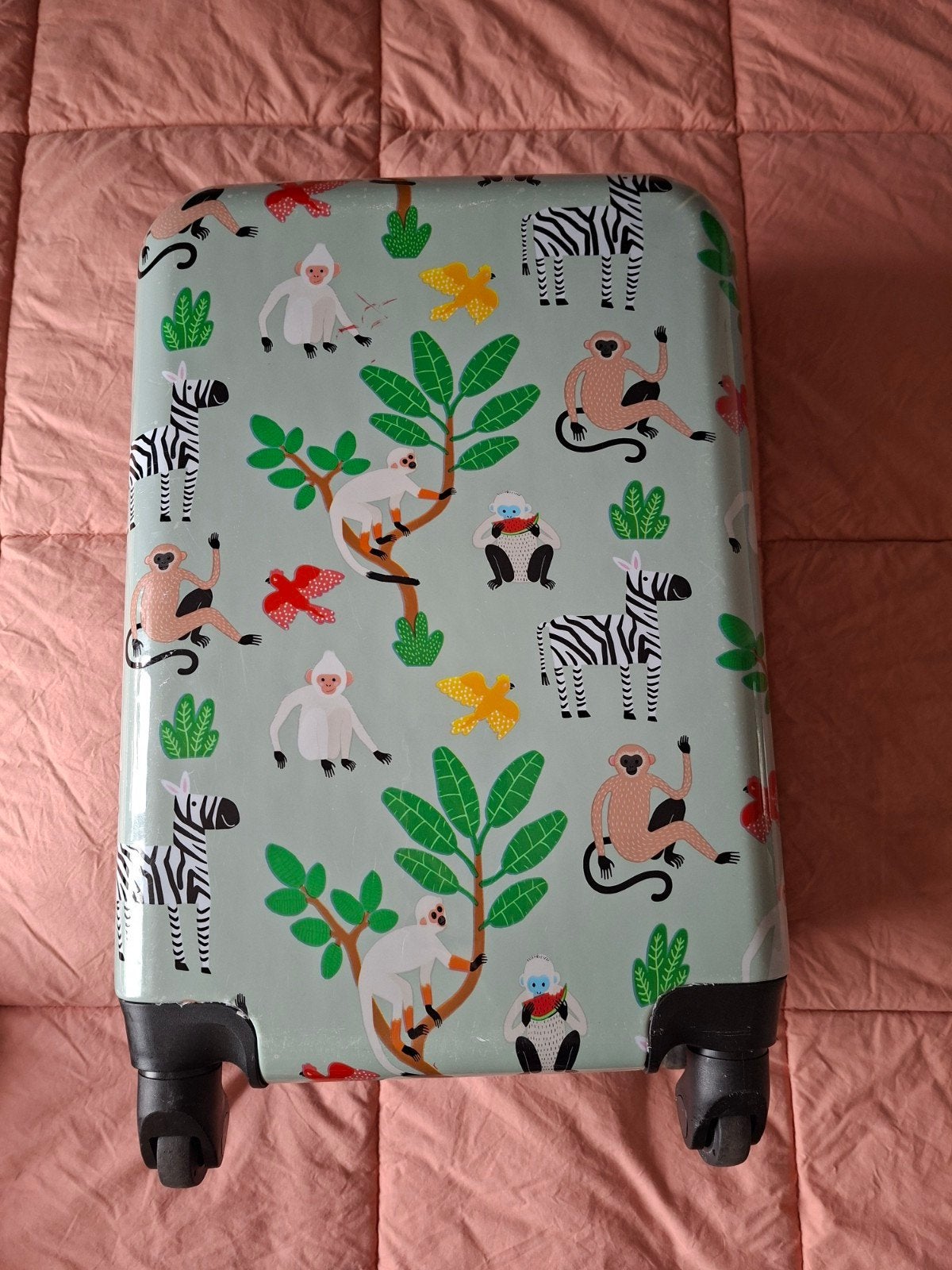 Hema Kinderkoffer Rolbaar met Dierenprint, Uitschuifbare handgreep, Hard kunststof, Minder dan 50 cm, Ophalen of Verzenden