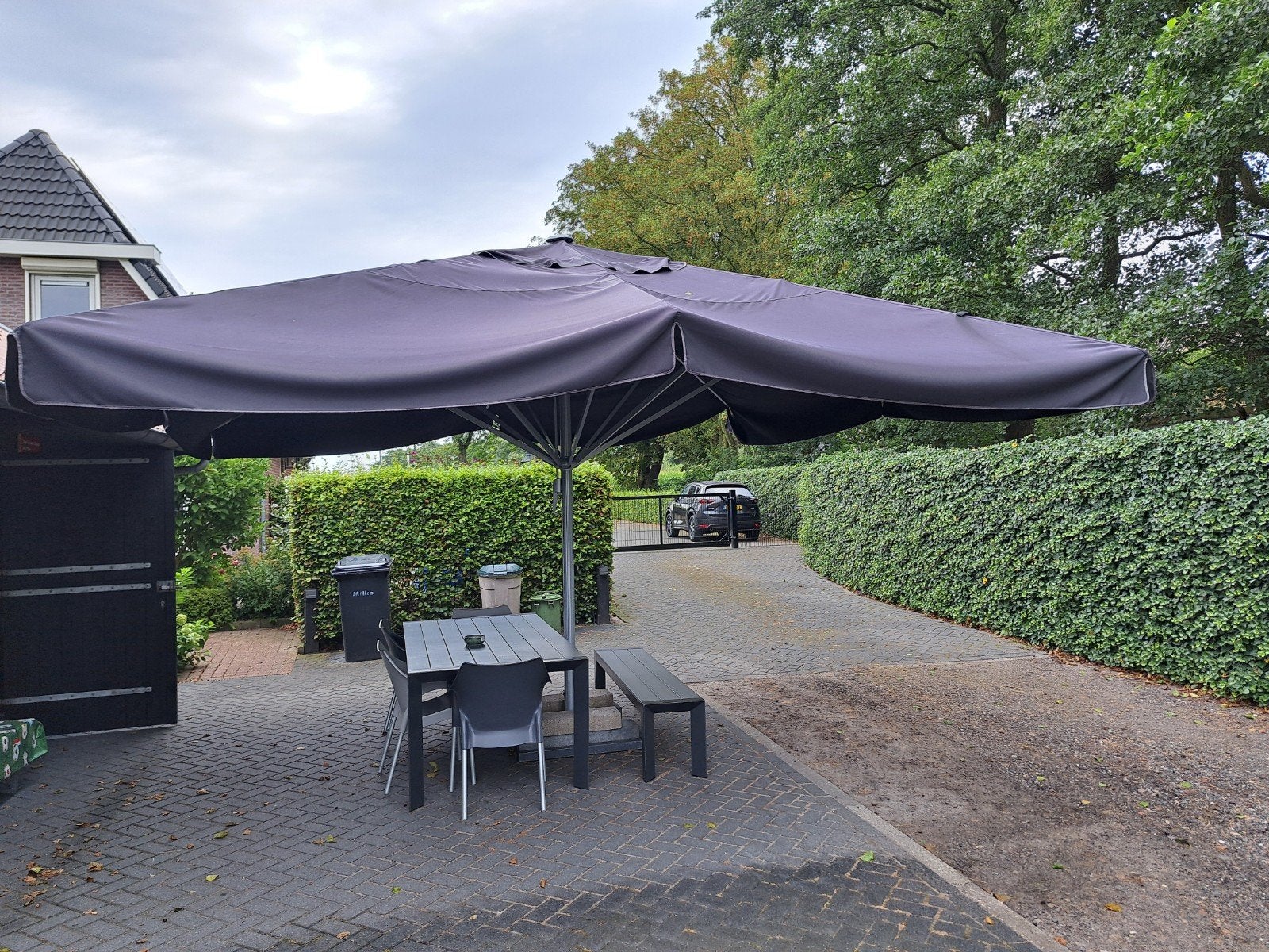 Horeca Parasol Zwart 6x6 meter, Tuin en Terras, Parasols, Ophalen, Gebruikt, Meer dan 4 meter, Overige typen