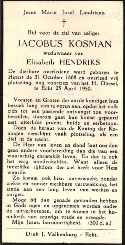 Kosman Jacobus Hetert 1868-1950 Echt, Ophalen of Verzenden