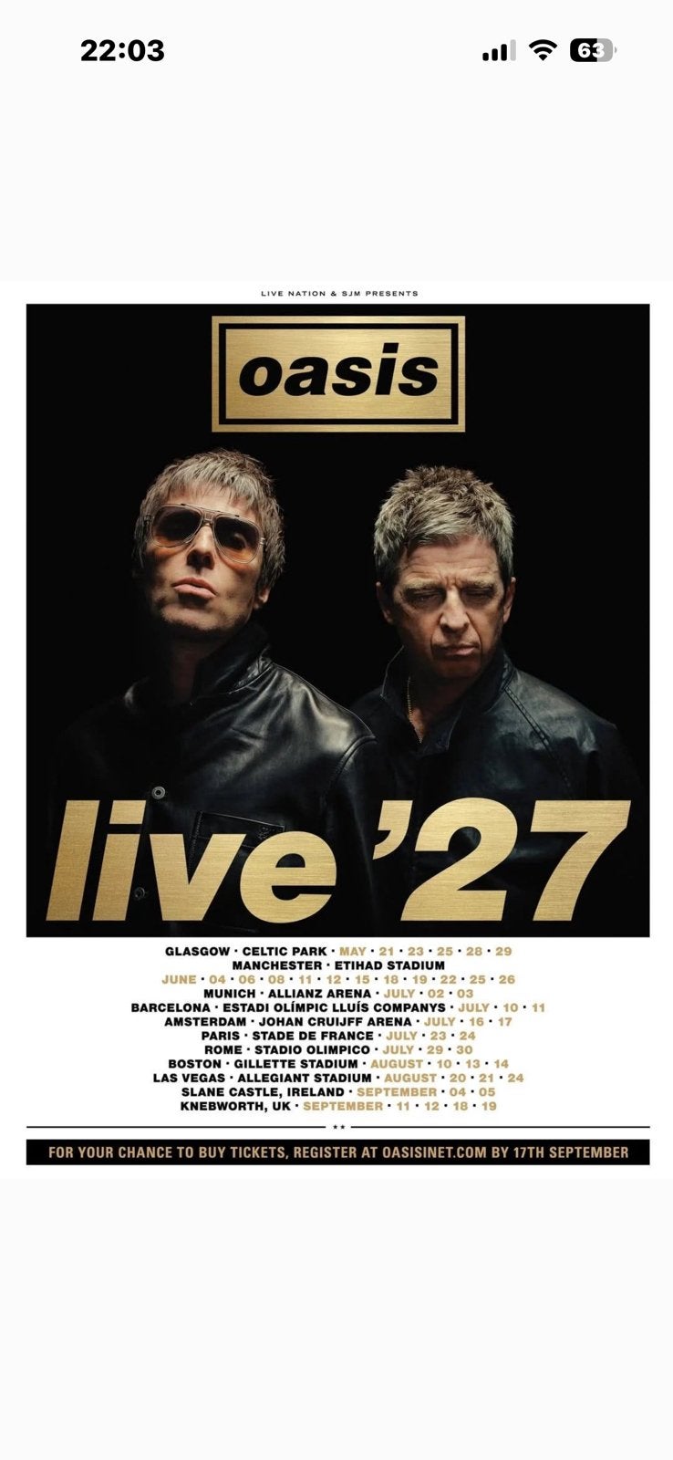 2 x tickets staanplaatsen Oasis – za 17 juli 2027 - Rear GA, Tickets en Kaartjes, Twee personen, Juli