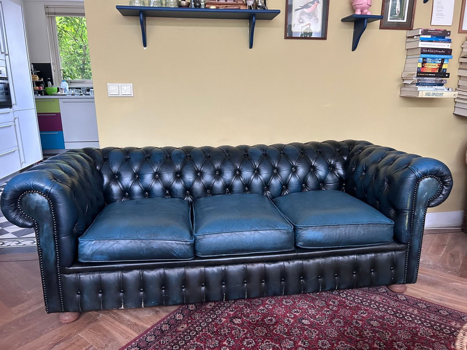 Chesterfield bank jeansblauw, Ophalen, Gebruikt, Klassiek, 150 tot 200 cm