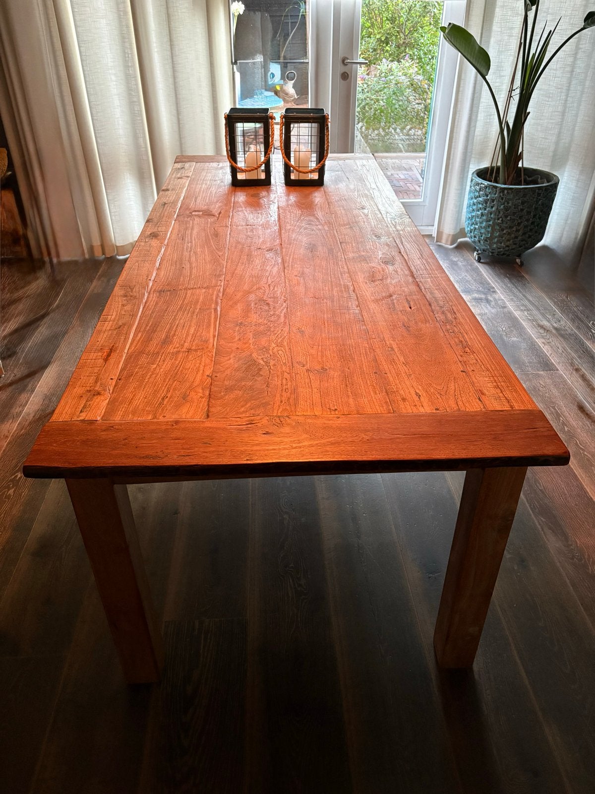 Robuuste teak houten eettafel 240x100x77,5 cm, Ophalen, 200 cm of meer, 50 tot 100 cm, Zo goed als nieuw