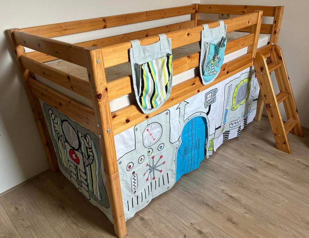 Flexa Half-Hoogslaper grenen 90x200 (x120), Huis en Inrichting, Slaapkamer | Stapelbedden en Hoogslapers, Ophalen, Gebruikt, 90 cm