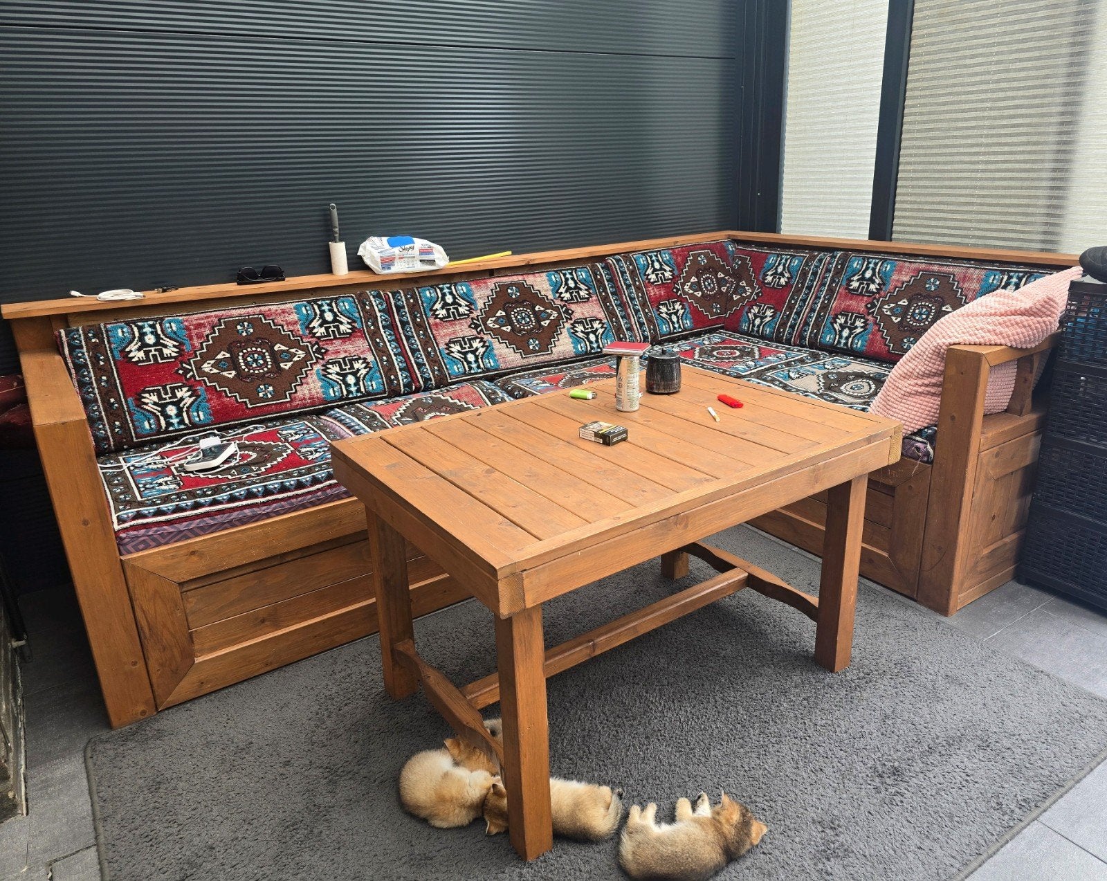 Steigerhouten Loungeset met Tafel en Kussens, Ophalen, Gebruikt, Steigerhout, Loungeset