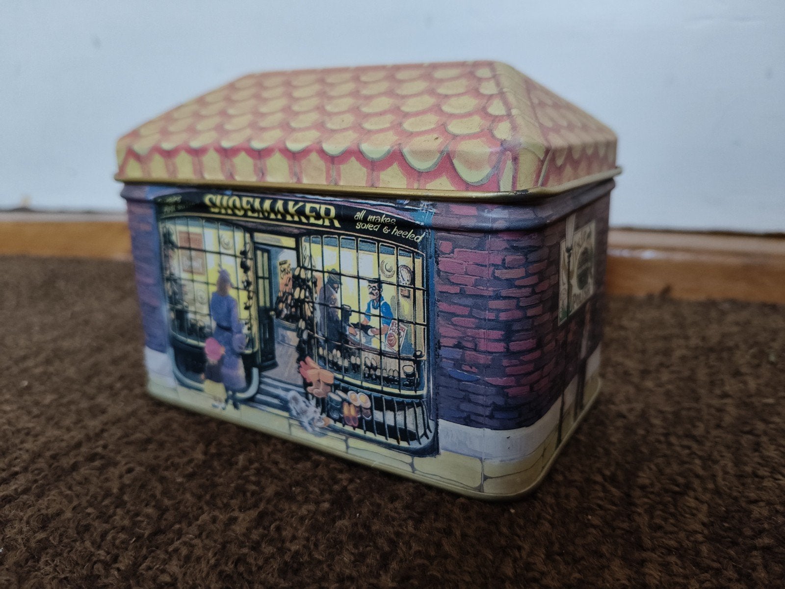 Vintage blikken trommel 'Schoenmaker' - Decoratieve opberger, Verzamelen, Blikken, Ophalen of Verzenden, Gebruikt, Overige, Overige merken