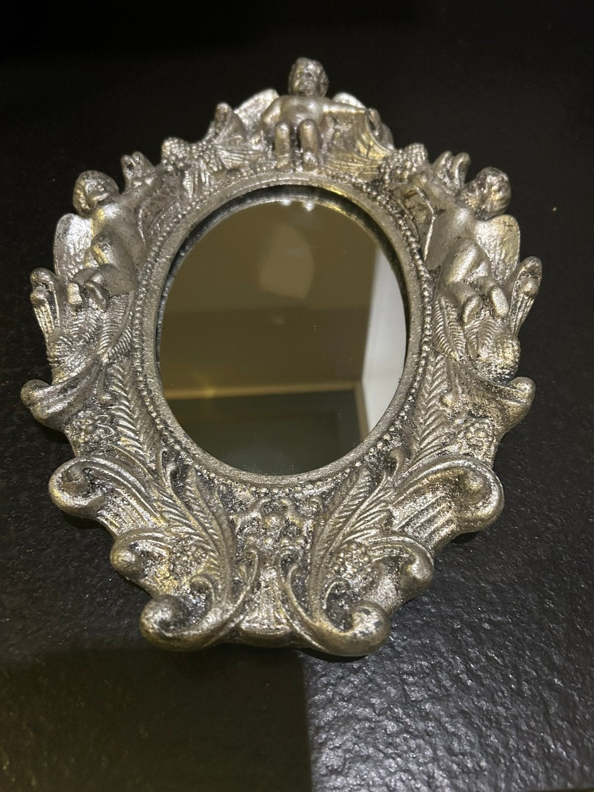 Brocante zilverkleurige spiegeltje / lijstje met engeltjes, Ophalen of Verzenden