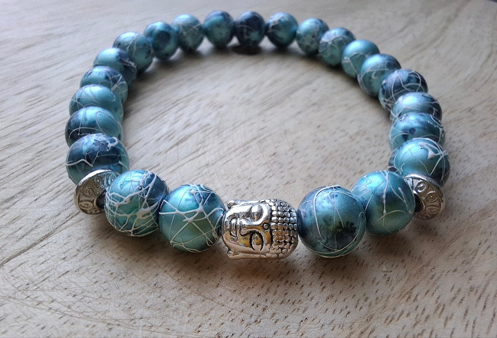 Armband buddha 8 mm glaskralen blauw zilver boeddha, -, Blauw, -, Nieuw