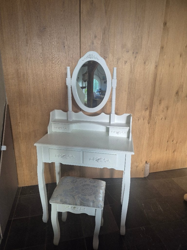Witte kaptafel met spiegel en krukje - 4 lades, Ophalen, Gebruikt, 100 tot 150 cm, 50 tot 100 cm