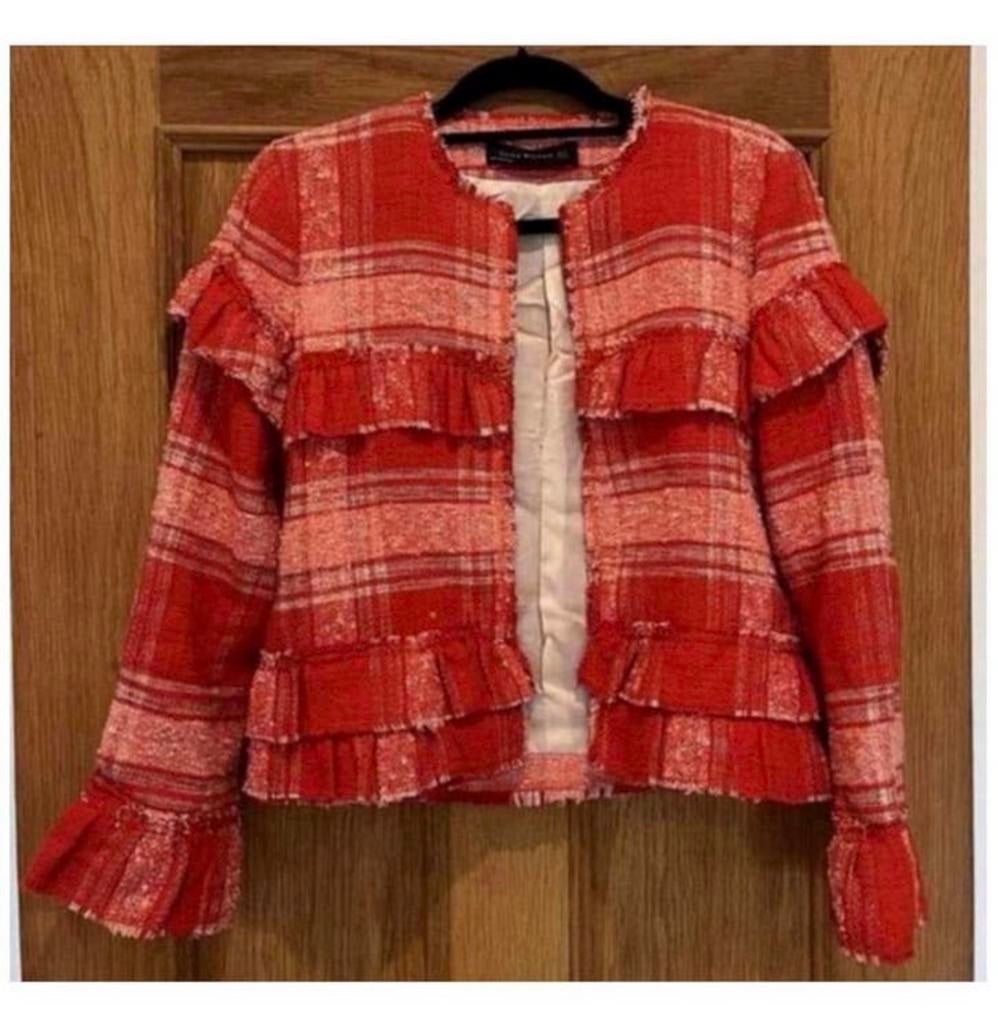 Zara Rood Geruit Freyed Zoom Gingham Blazer Jas Jack vest M, Maat 38/40 (M), Ophalen of Verzenden, Zo goed als nieuw, H