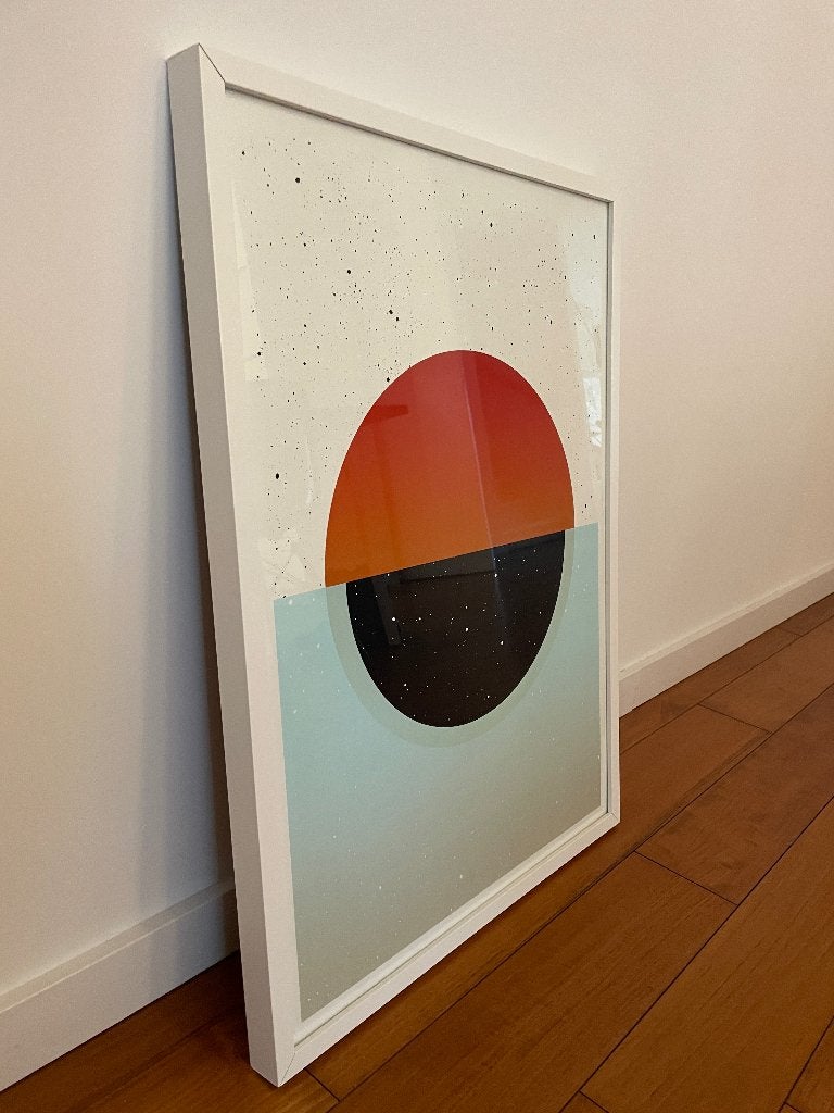 Kunstprint van ondergaande zon, ingelijst., Antiek en Kunst, Landschap, Ingelijst, Glas, Ophalen of Verzenden