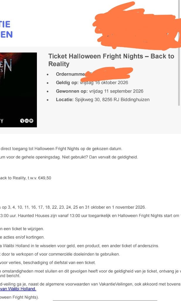 Ticket walibi fright night 16 oktober, Tickets en Kaartjes, Eén persoon, Ticket of Toegangskaart