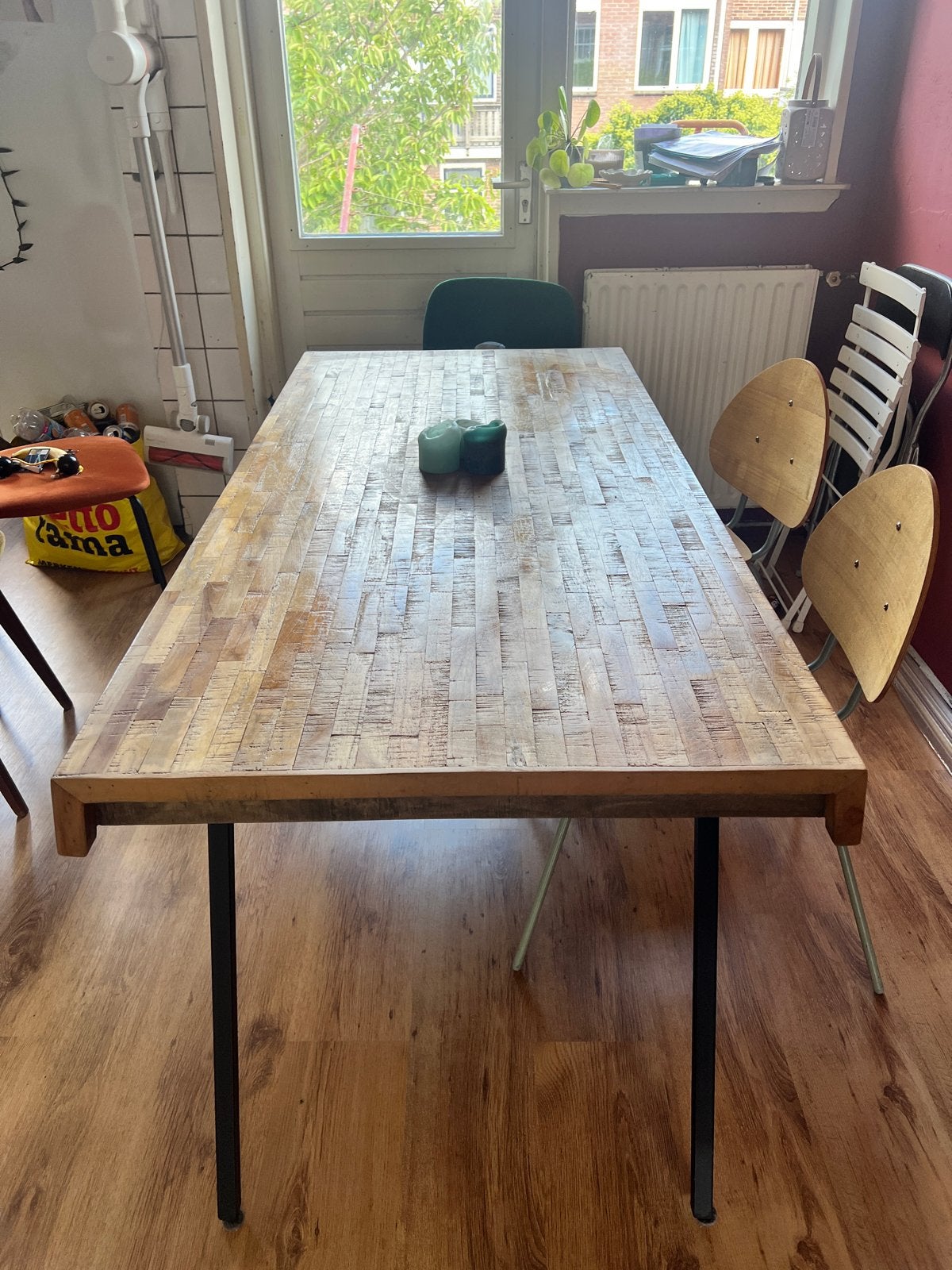 Robuuste Eettafel 160x65cm - Hout met stalen poten, Ophalen, Gebruikt, 50 tot 100 cm, 150 tot 200 cm