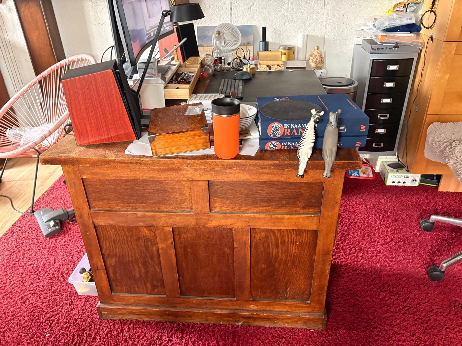 Dubbel bureau met 8 lades en 2 open kasten, Ophalen, Gebruikt, Duo-bureau, Hout