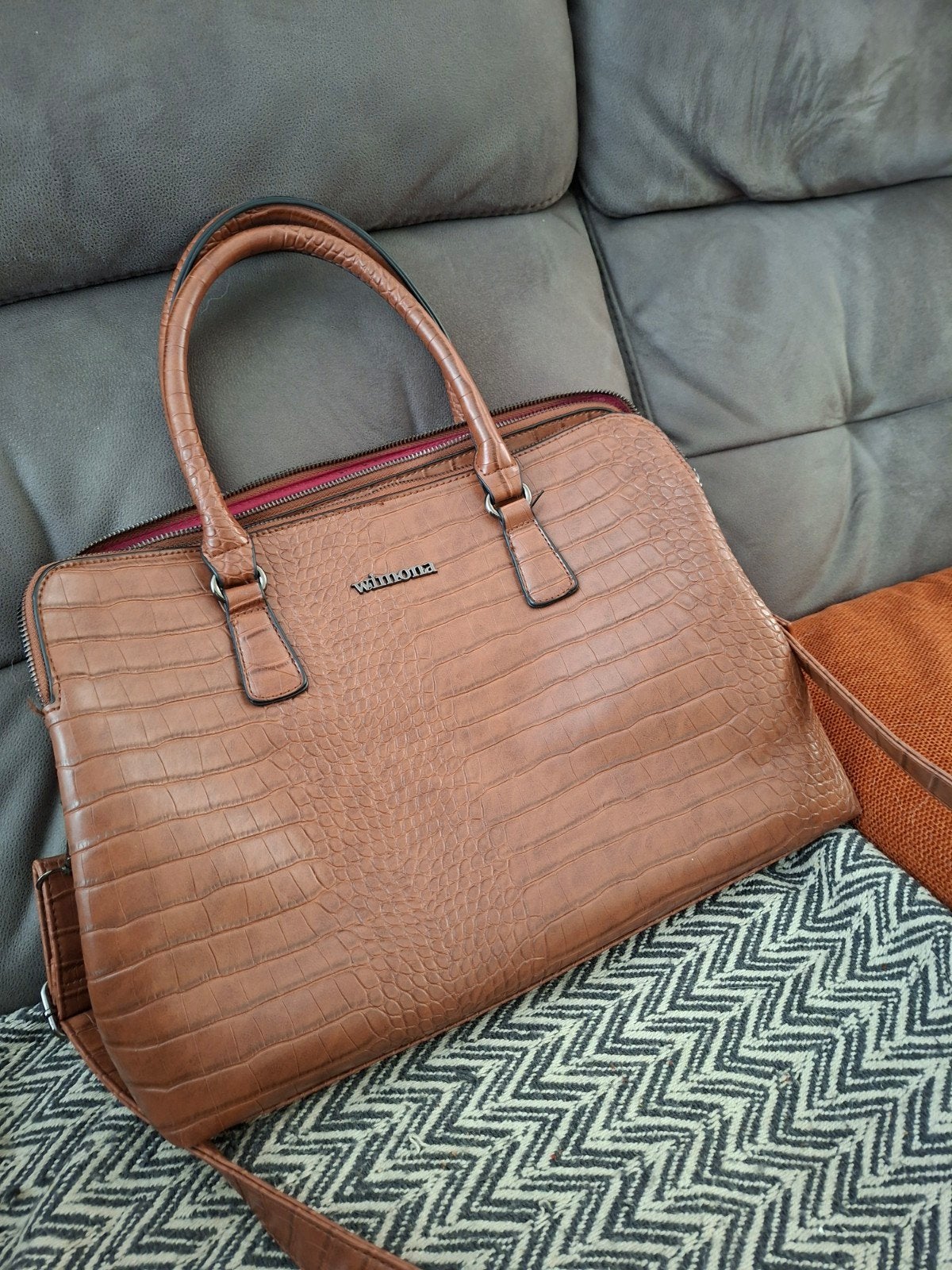 Nieuwe Wimona handtas met croco-print, Sieraden, Tassen en Uiterlijk, Tassen | Damestassen, Ophalen of Verzenden, Nieuw, Bruin