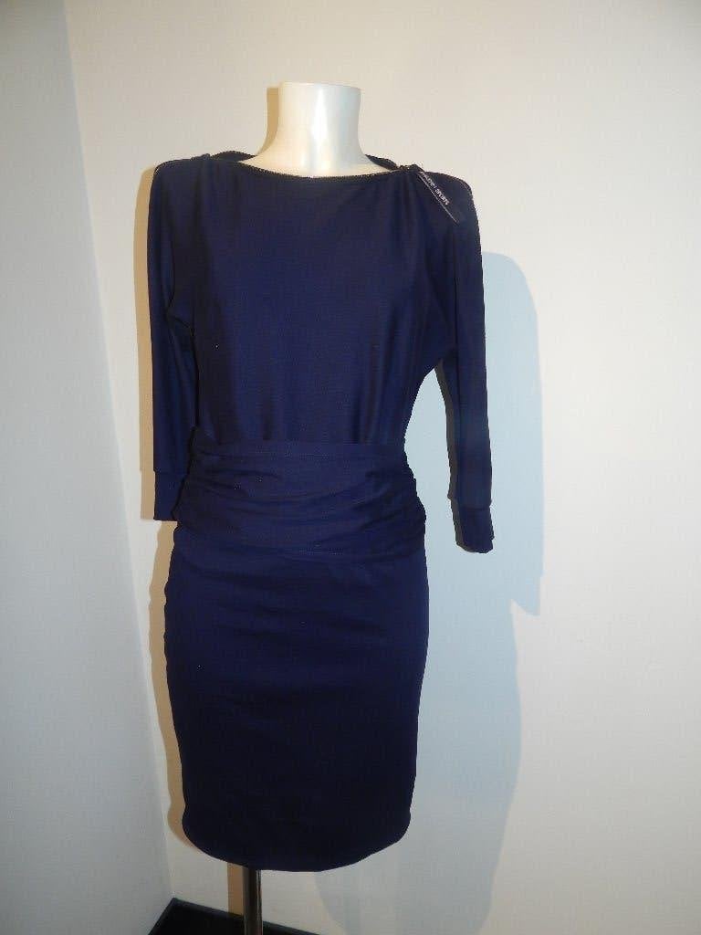 Marccain donker blauwe jurk band taille ritsen merklip N2, Zo goed als nieuw, Knielengte, Maat 36 (S), Marccain