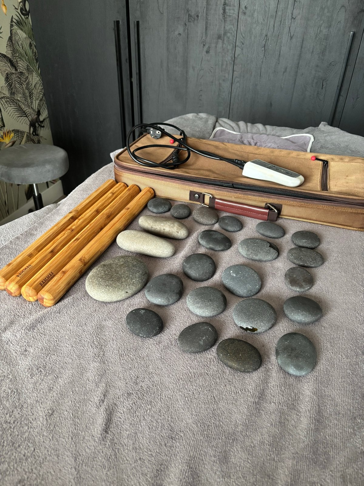 Hotstone massage set met bamboe stokken en verwarming, Ophalen of Verzenden, Gebruikt, Hotstone